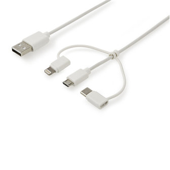 3-in-1 Data en Oplaadkabel USB A Male - Micro-B Male 1 m Wit Type-C-Adapter / Lightning-Adapter