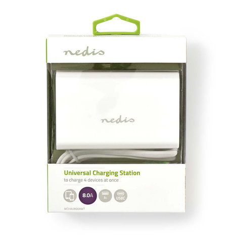 Nedis Wandoplader | 8,0 A | 4 uitgangen | 3x USB-A | 1x USB-C | Wit