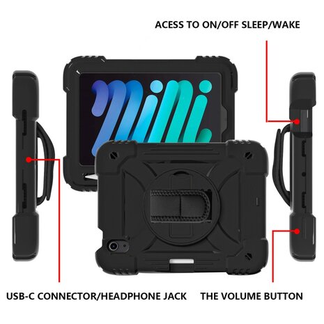Hand Strap hoes armor case voor&nbsp;iPad mini (2021) - Zwart