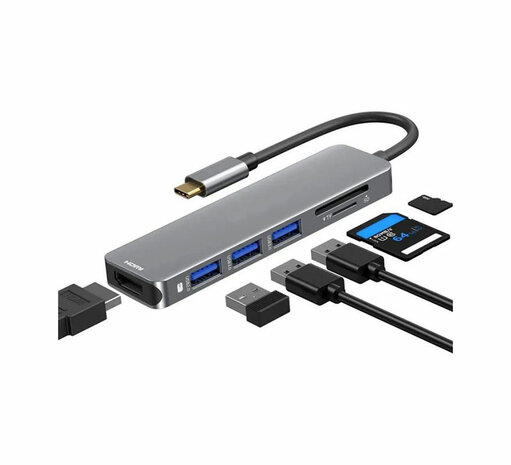 USB C hub 6 in 1 met Cardreader SD, Micro SD, HDMI en 3x USB-A ondersteund 4K UHD