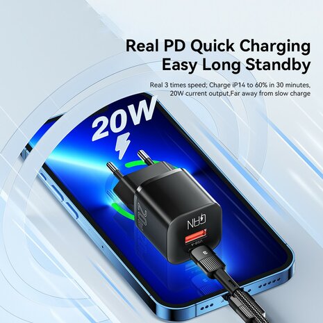 ESSAGER 20W Snellader GaN - Dual Port USB-A &amp; USB-C, EU Plug, Zwart