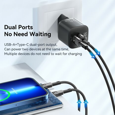 ESSAGER 20W Snellader GaN - Dual Port USB-A &amp; USB-C, EU Plug, Zwart