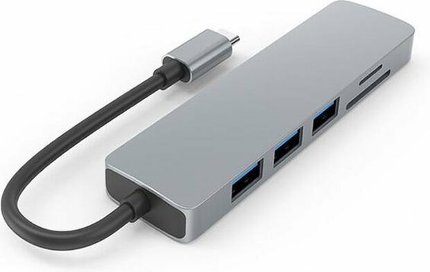 USB C hub 6 in 1 met Cardreader SD, Micro SD, HDMI en 3x USB-A ondersteund 4K UHD