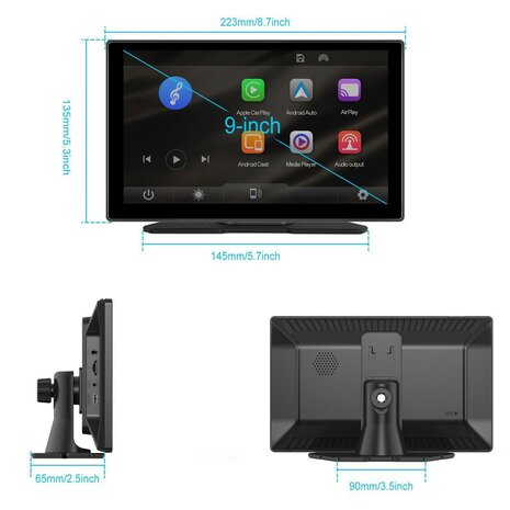 W519 - 9 inch Draadloos CarPlay &amp; Android Auto Scherm met GPS Navigatie, Spraakbediening en Mirror Link