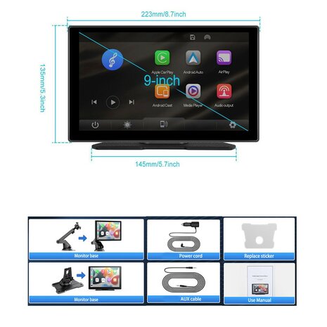W519 - 9 inch Draadloos CarPlay &amp; Android Auto Scherm met GPS Navigatie, Spraakbediening en Mirror Link