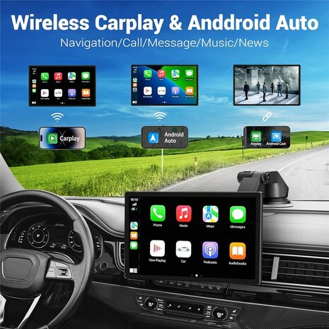 W519 - 9 inch Draadloos CarPlay &amp; Android Auto Scherm met GPS Navigatie, Spraakbediening en Mirror Link