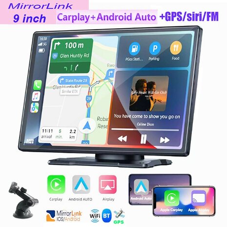 W519 - 9 inch Draadloos CarPlay &amp; Android Auto Scherm met GPS Navigatie, Spraakbediening en Mirror Link