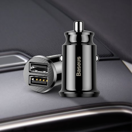 Baseus mini autolader 2x usb poort 3.1A - zwart