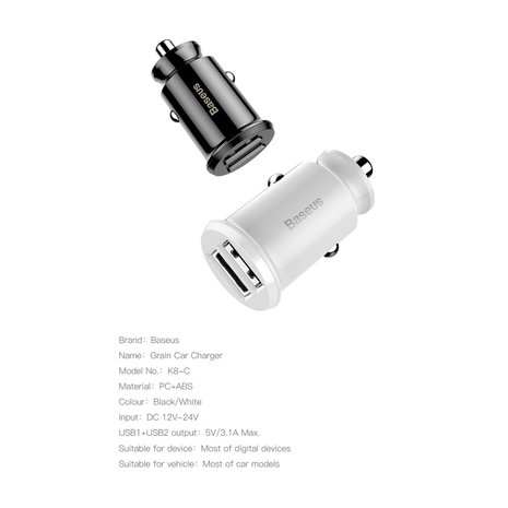 Baseus mini autolader 2x usb poort 3.1A - wit